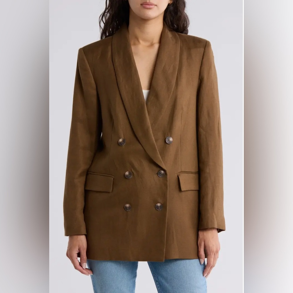 L’Agence Jayda Relaxed Double-Breasted Brown Olive Linen Blended Women's Blazer